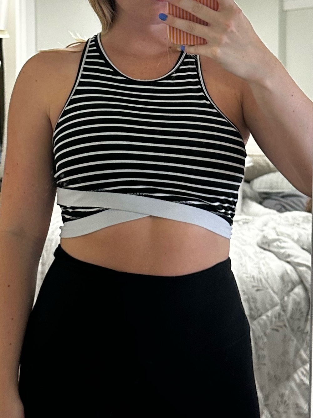 Scorpio Sol Black and White Striped Crisscross Longline Sports Bra